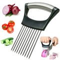 Stainless steel and ABS food slice assistant for onions and tomatoes on a kitchen worktop.