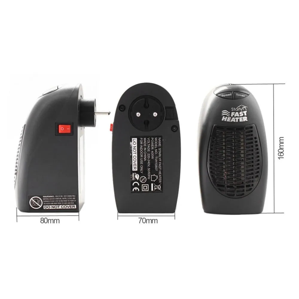 Black mini ceramic electric heater with digital display and rotating three-prong plug
