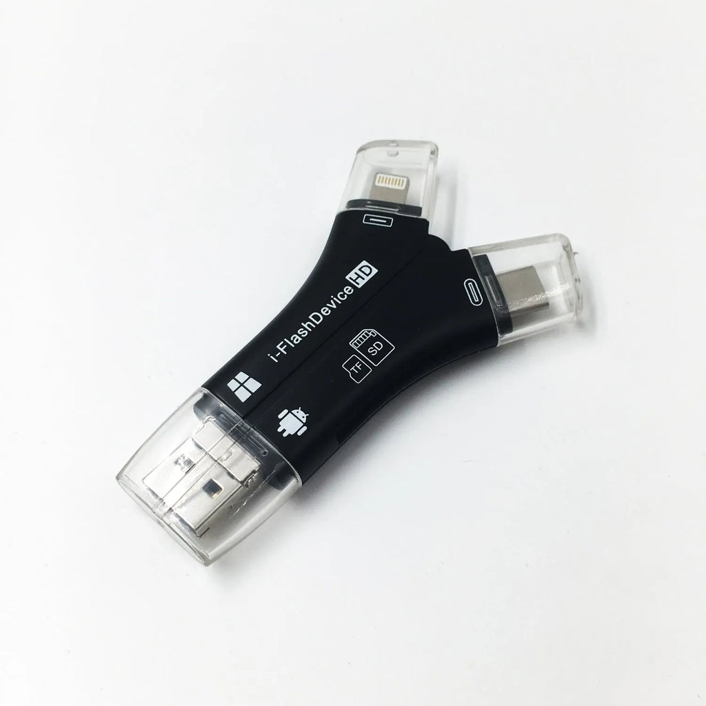 White 4-in-1 card reader for iPhone and Android phones with SD and MicroSD card slots
