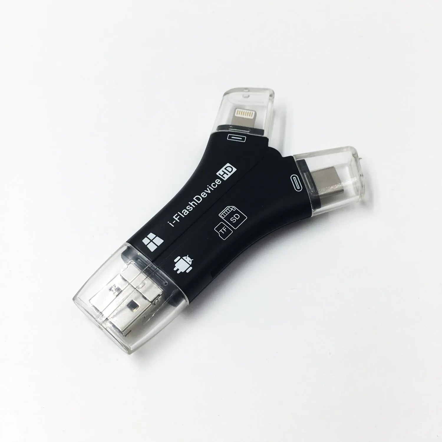 White 4-in-1 card reader for iPhone and Android phones with SD and MicroSD card slots