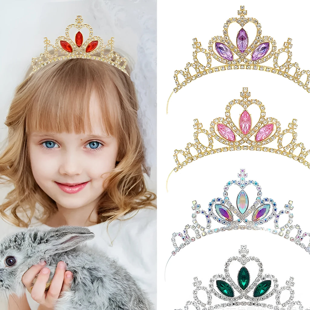 Gold alloy princess crown headdress with red diamond coloured stones for girls birthday party