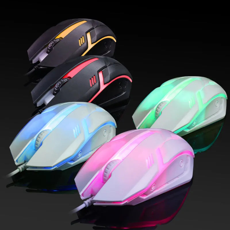 Wired computer mouse with colourful glow lighting and USB cable for desktop computers