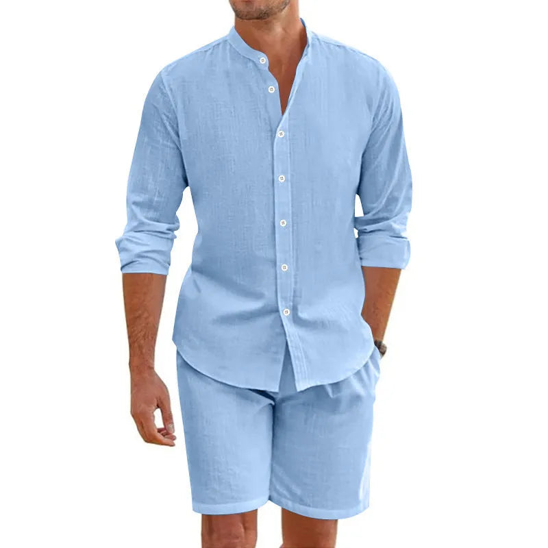 Men's dark grey linen-blend summer suit with short-sleeve lapel shirt and drawstring shorts on a hanger