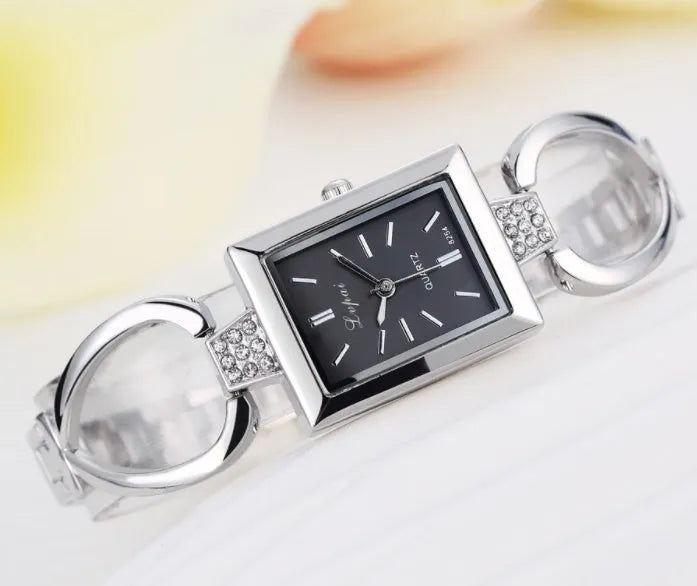 Women bracelet quartz wristwatch round dial silicone strap alloy case pin buckle silver rose gold