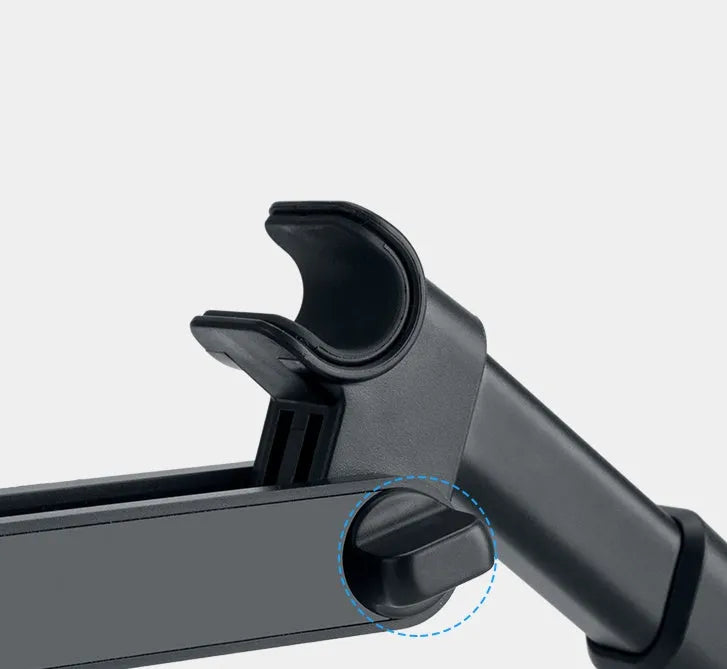 Black universal car phone holder attached to vehicle rear seat base with tablet mounted