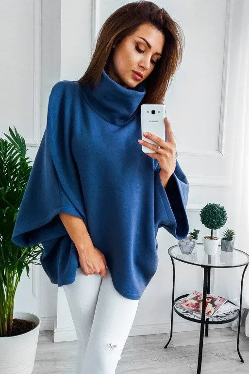 Women's longline batwing sleeve cardigan sweatshirt in blue with stitching detail and three-button front