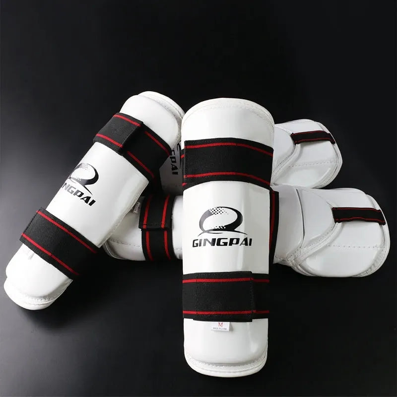 Taekwondo protective gear set showing arm guards and leg protectors in PU EVA foam construction