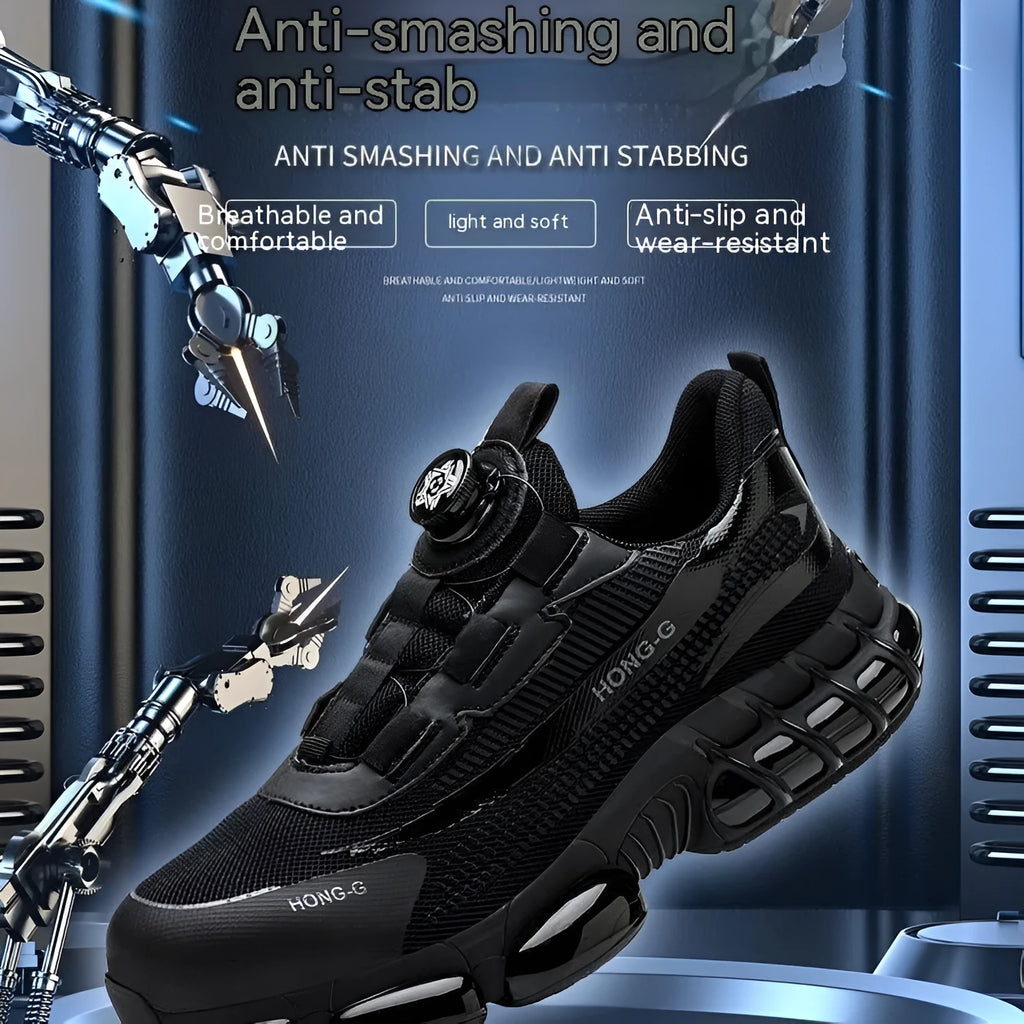 Men's low-top black work safety shoes with lace-up front and breathable Flyknit upper.
