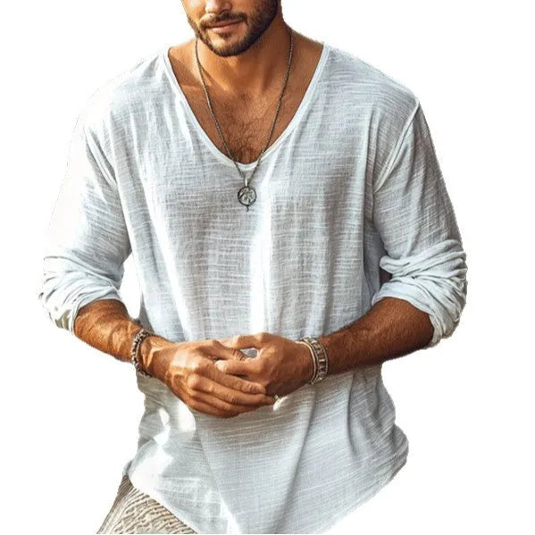 Beige V-neck long-sleeved T-shirt with slim fit made from hemp blend polyester fabric