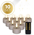 Taupe-coloured S10 LED tealight candle with 3D flickering flame, measuring 4.1 cm wide by 5 cm tall.