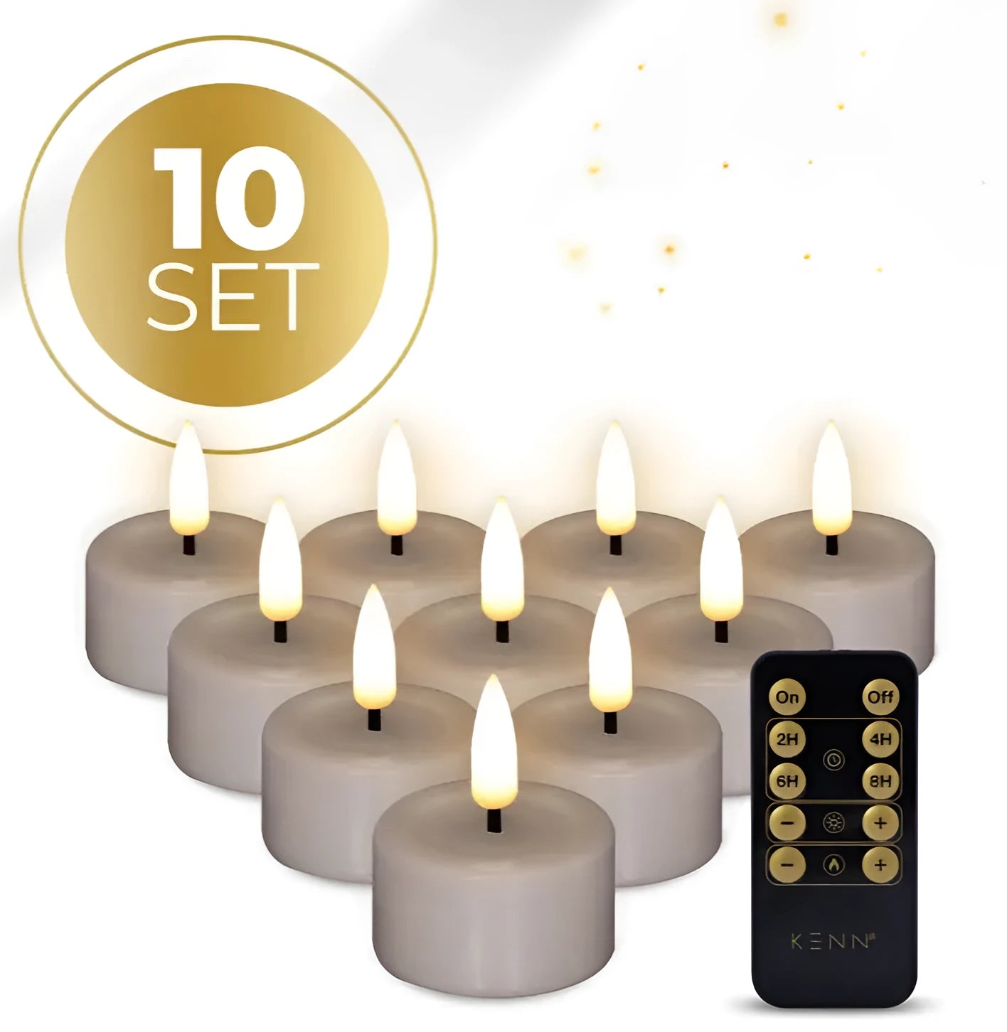 Taupe-coloured S10 LED tealight candle with 3D flickering flame, measuring 4.1 cm wide by 5 cm tall.