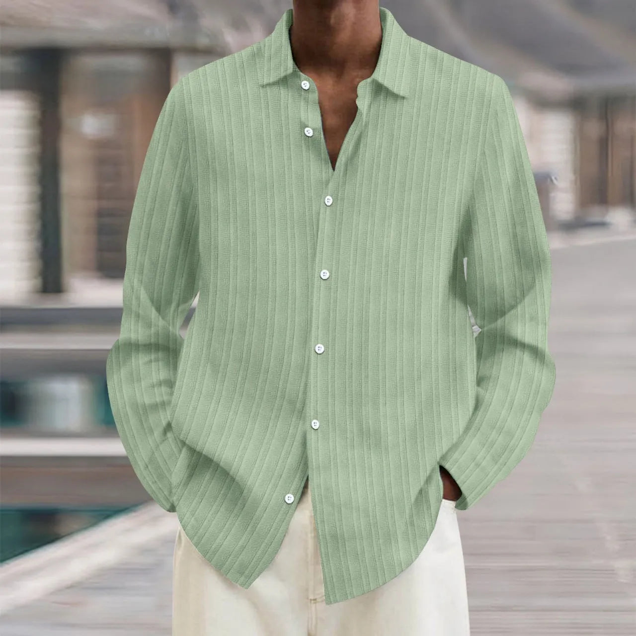 Men's striped cardigan shirt in British style with long sleeves and loose fit for summer business casual wear