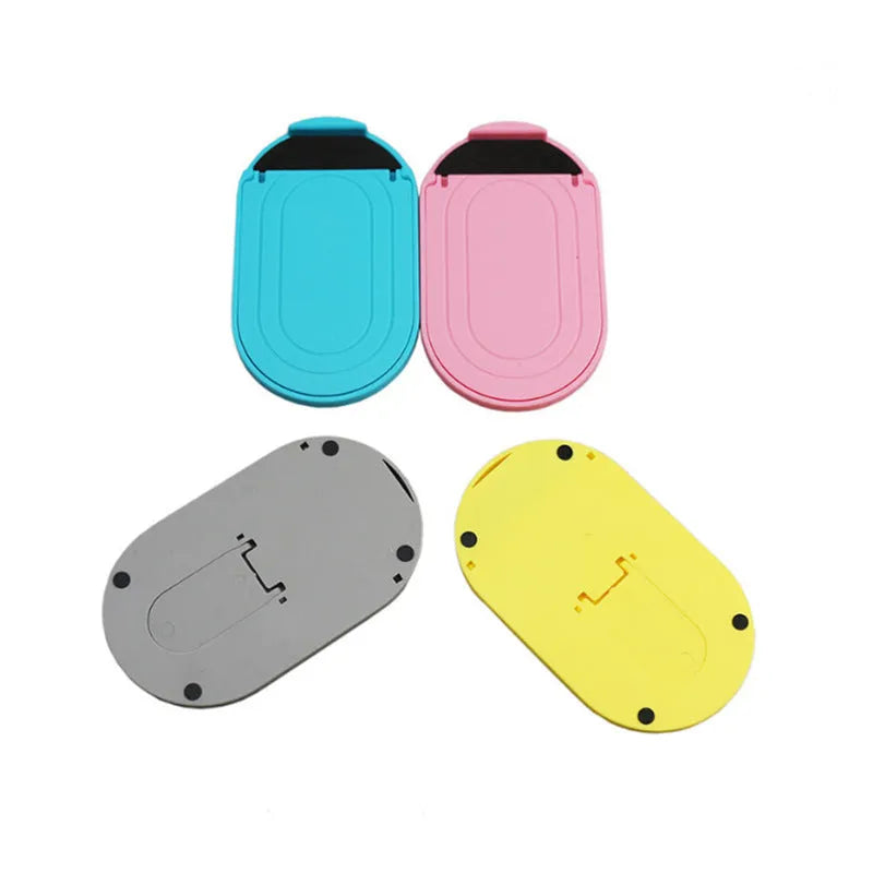 Plastic mobile phone stand with lazy bracket design in six colour options on white background