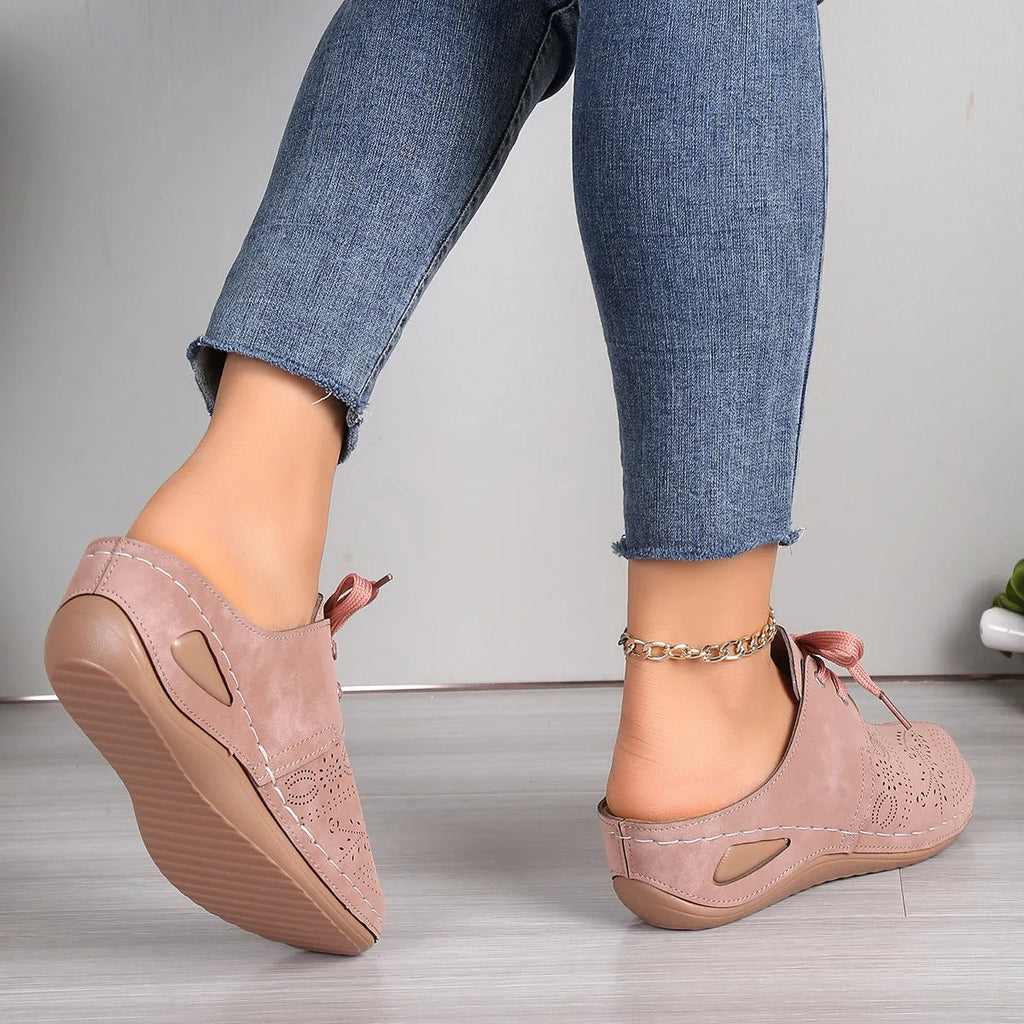 Women's lace-up wedge slippers with hollow-out design in suede upper and rubber sole