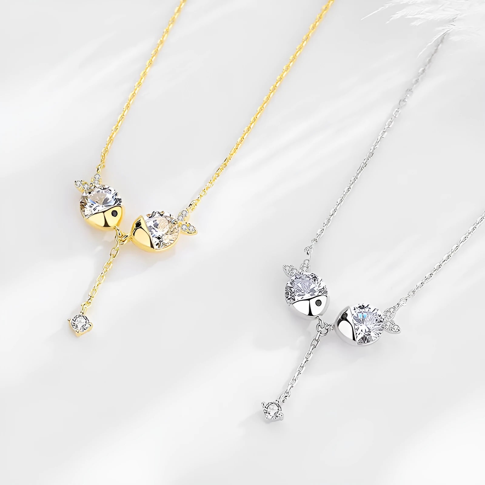 Fish-shaped S925 silver zircon necklace with 6x9mm pendant and 40cm+4cm chain in gold colour