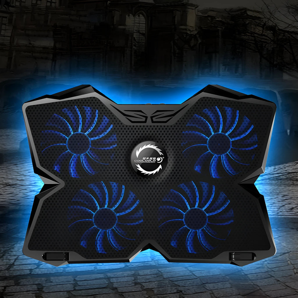 Blue laptop cooling base with four LED fans and two USB ports for temperature control
