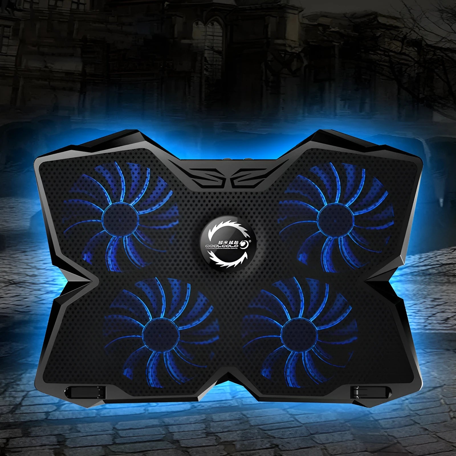 Blue laptop cooling base with four LED fans and two USB ports for temperature control