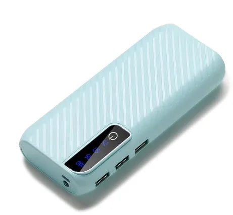 20000mAh portable power bank in black blue pink white colours showing USB charging ports