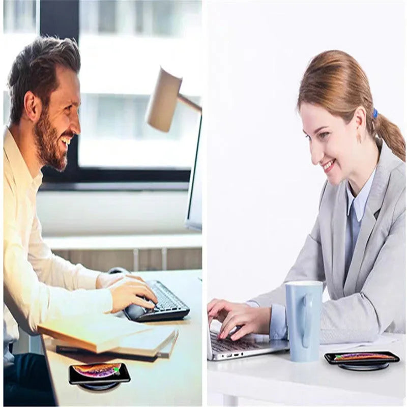 15W Qi wireless charging pad with aluminium surface showing blue LED charging indicator
