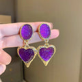 Silver needle pleated oval love heart stud earrings in purple, red, green, and yellow white colours.