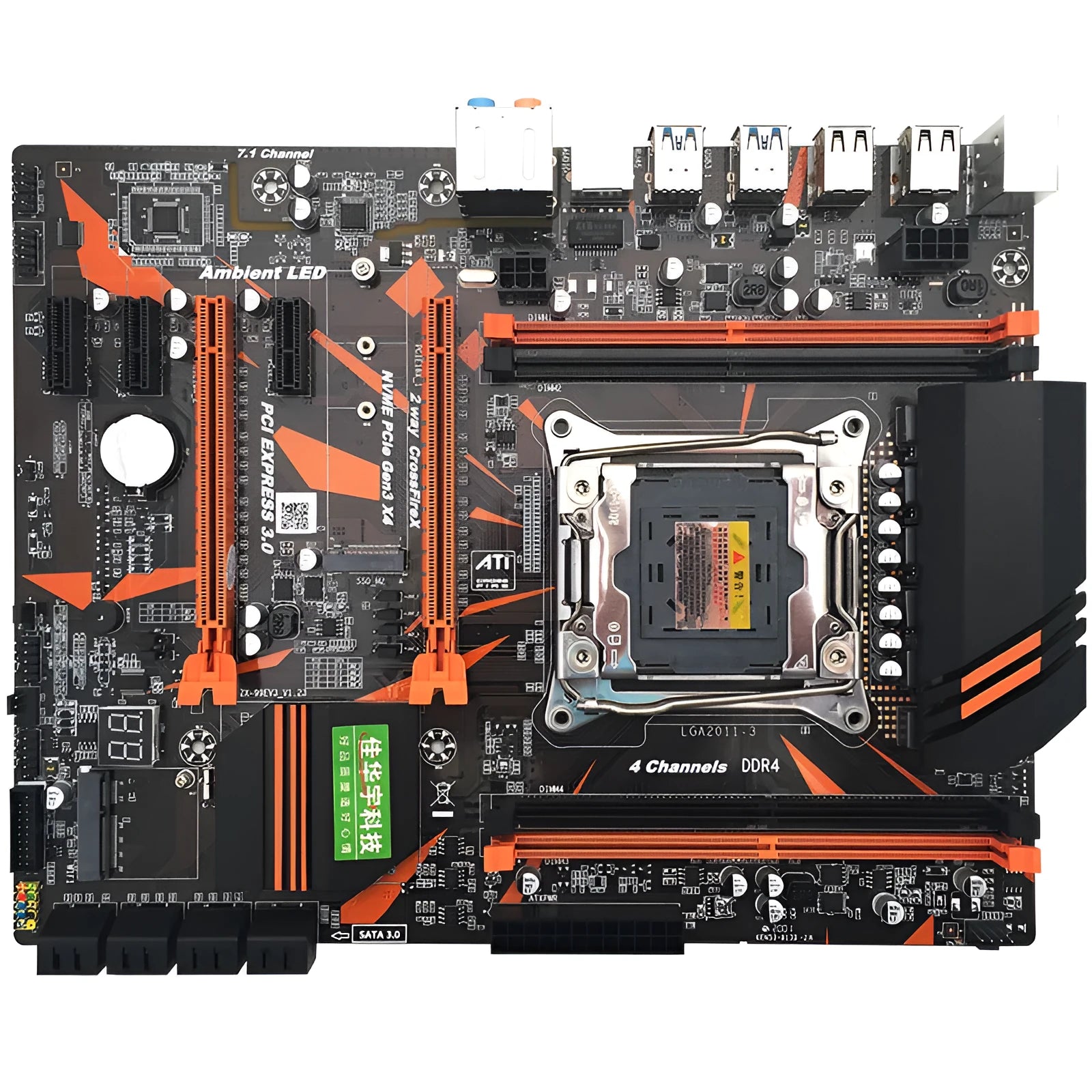 X99 computer motherboard with LGA2011-3 socket, four DDR4 slots, PCI-E expansion, and M.2 interface