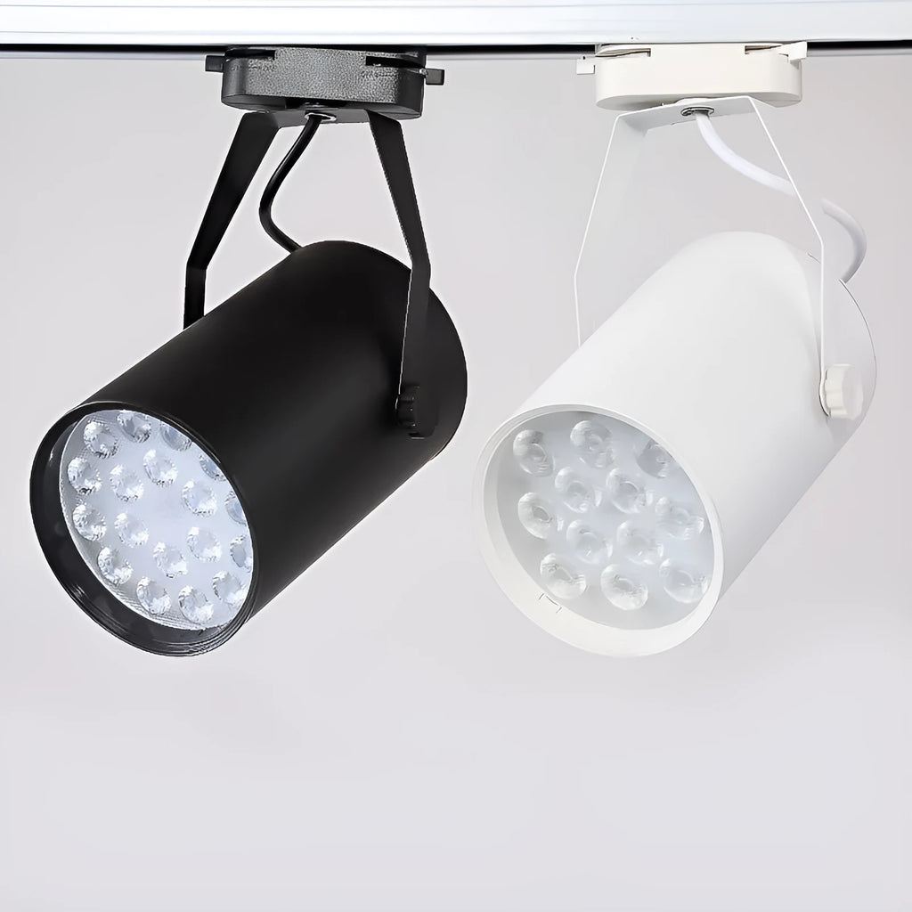 LED track spotlight with a slide mount in a choice of black or white aluminium shell.