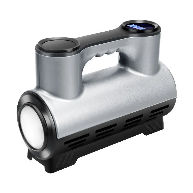 12V portable car tyre inflator with digital display and ABS housing alongside three air nozzles