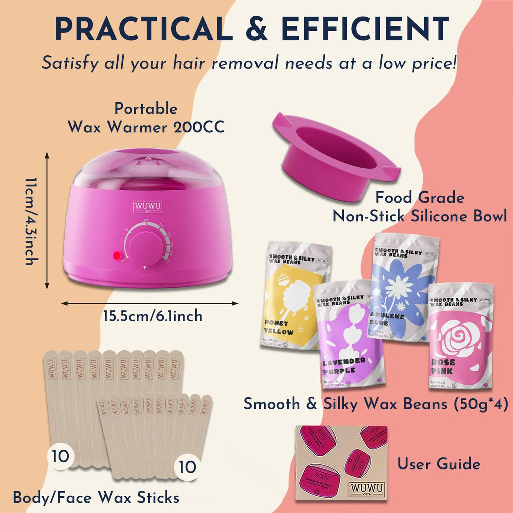 27-piece hypoallergenic hair removal wax kit with machine, coloured wax beads, sticks, and guidebook.