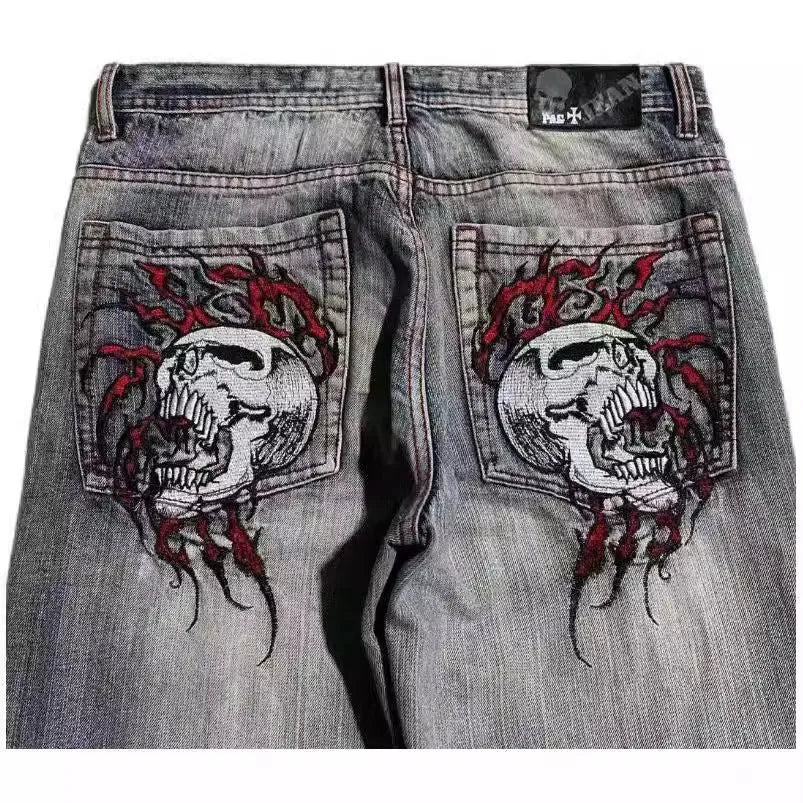 Men's grey washed-out straight-leg jeans with wide leg silhouette in retro workwear style