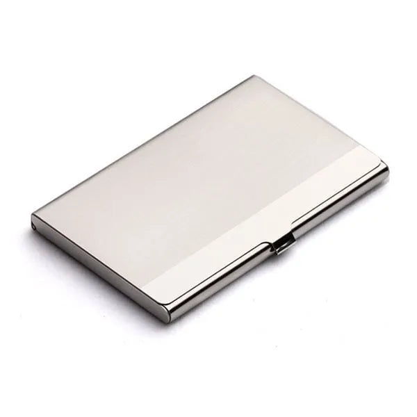 304 stainless steel business card case with geometric laser engraving showing 92.5 x 58 mm dimensions