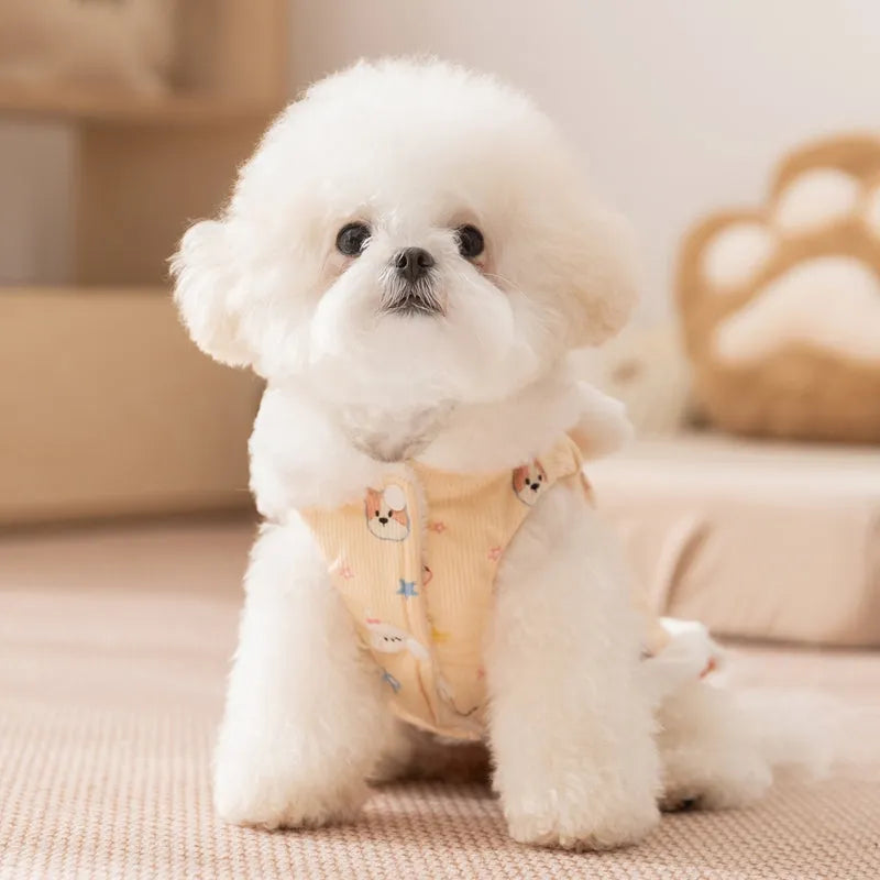 Winter fleece teddy dress with 3D ears for small dog in white, button closure and hood