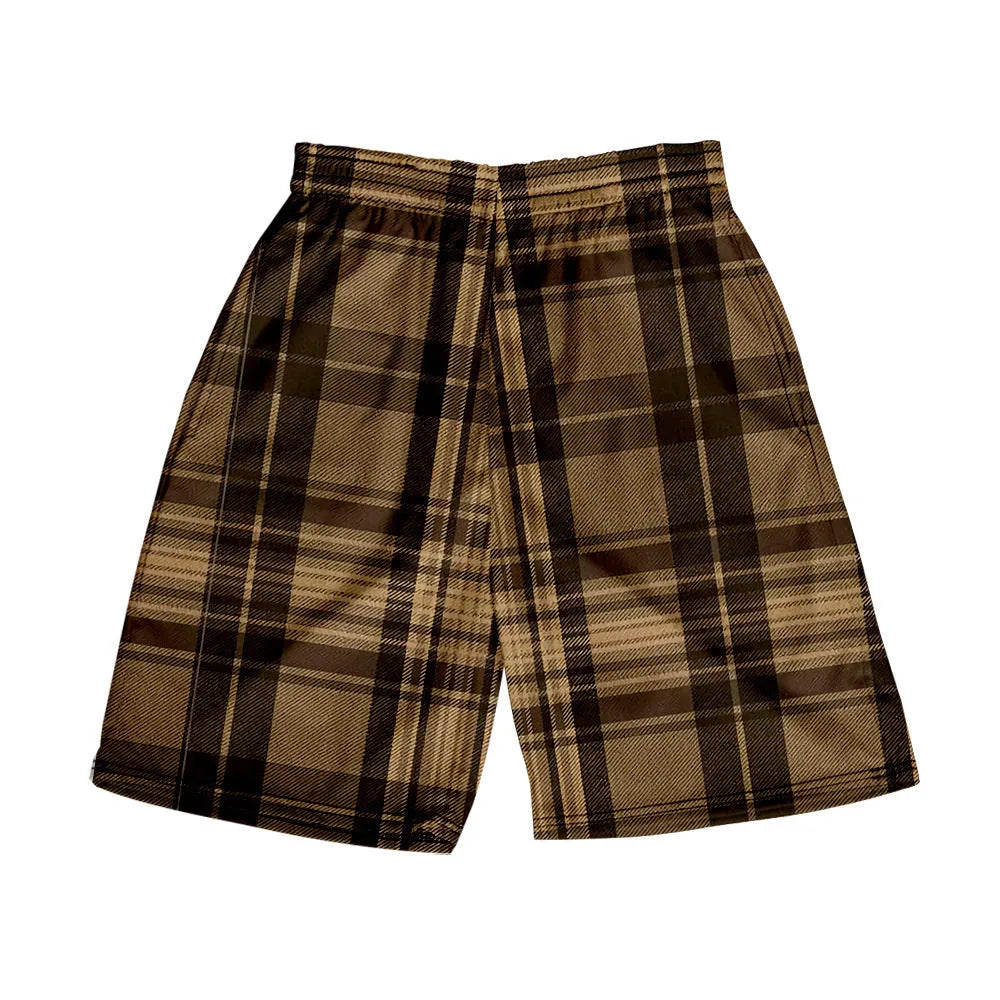 Man wearing casual plaid polyester shorts with an elastic waistband, shown in a straight-leg shorts style.