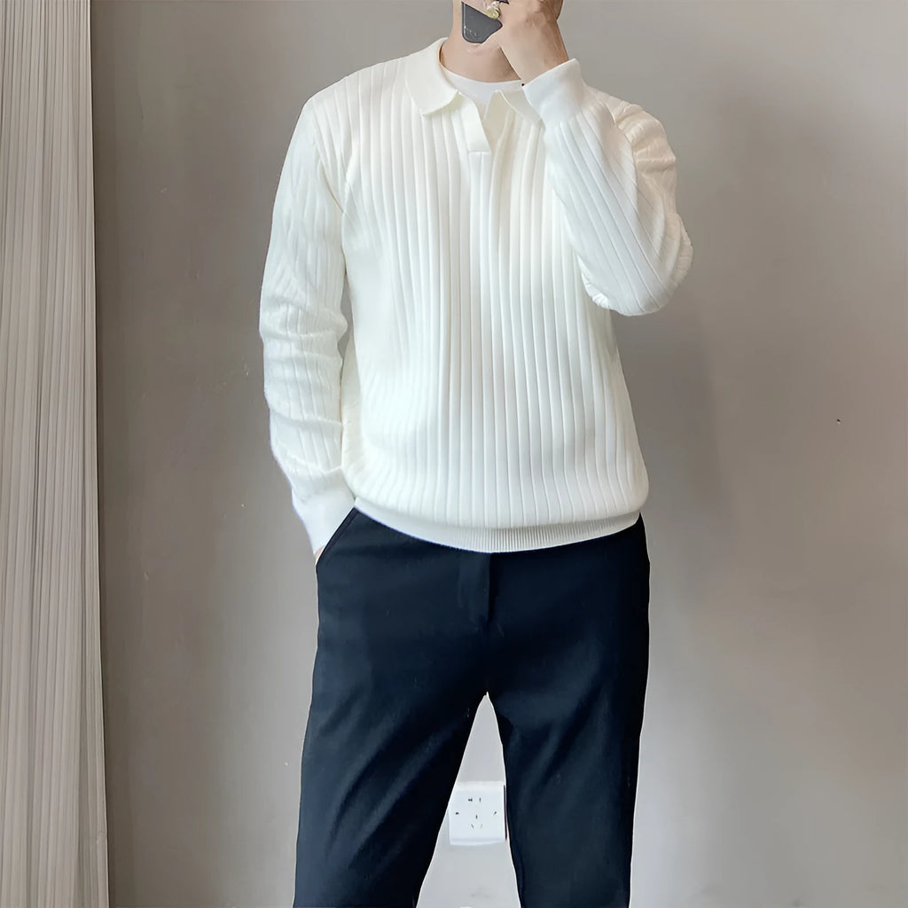 Men's loose fit knitted pullover sweater with texture lapel in light grey colour