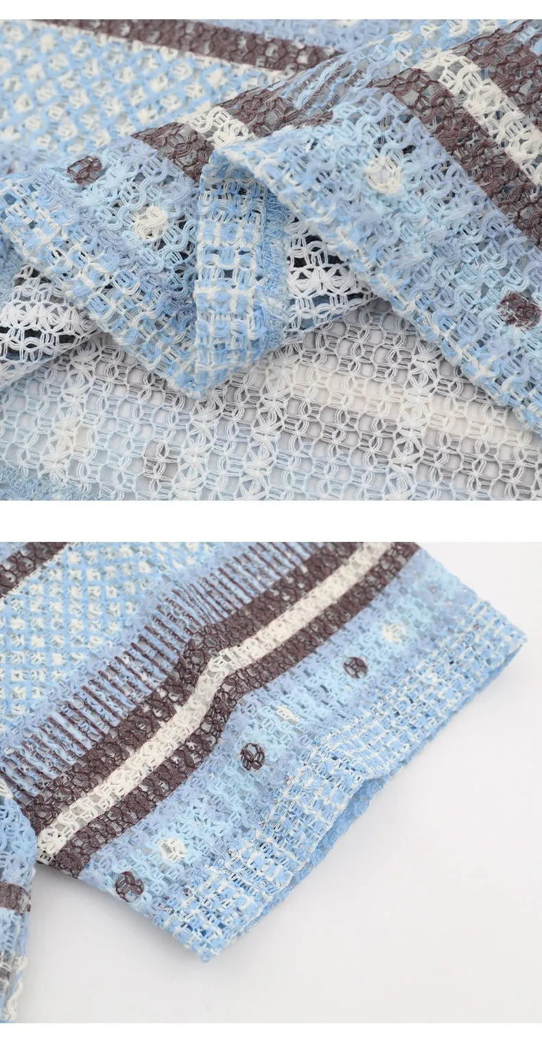 Men's blue printed short sleeve shirt with elastic fabric on display