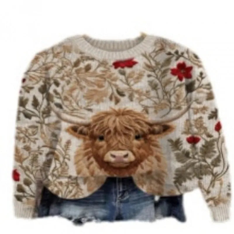 Women's little flower digital printed round neck polyester sweater in floral pattern