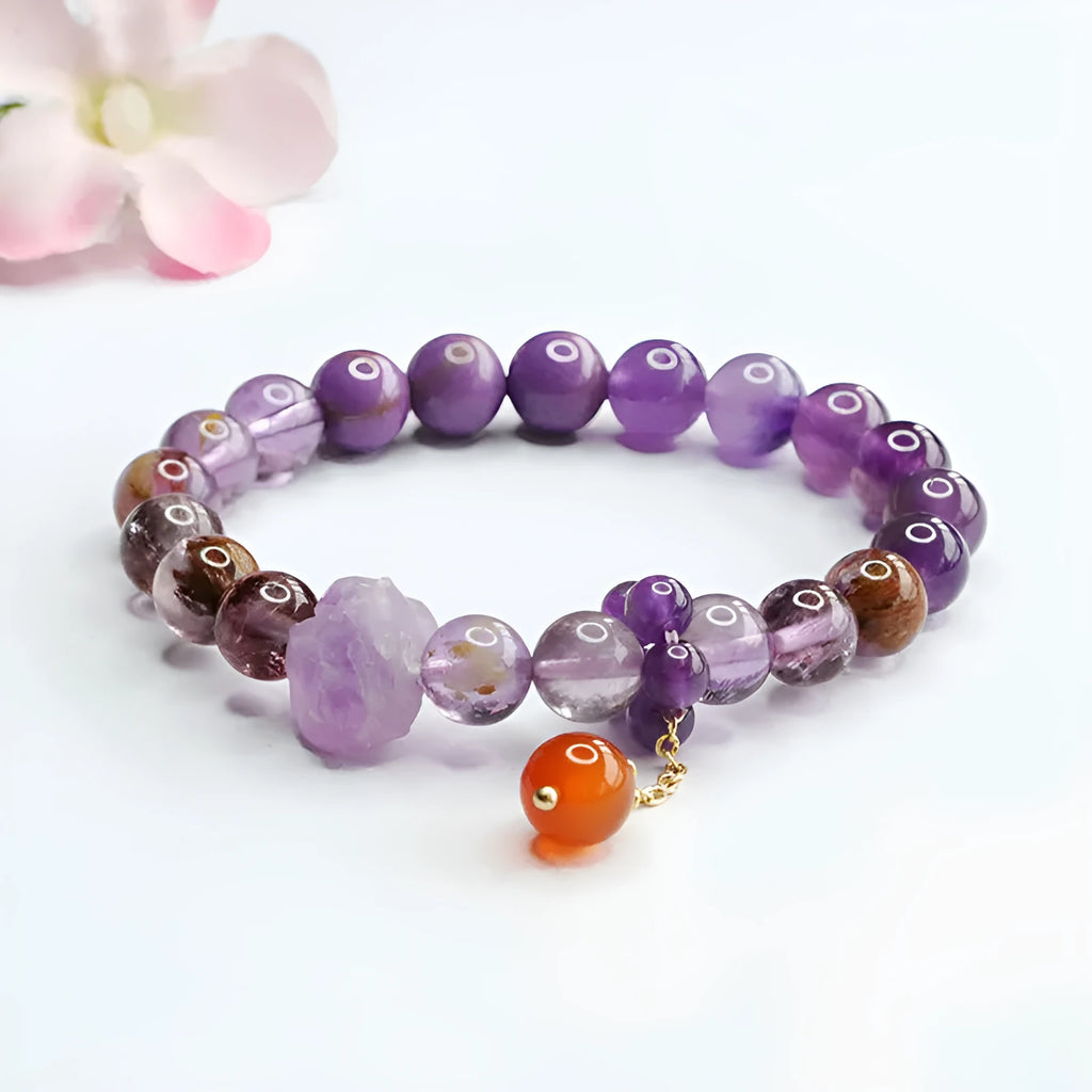 Natural nine purple amethyst and red agate Mori style crystal bracelet for Dragon Year.