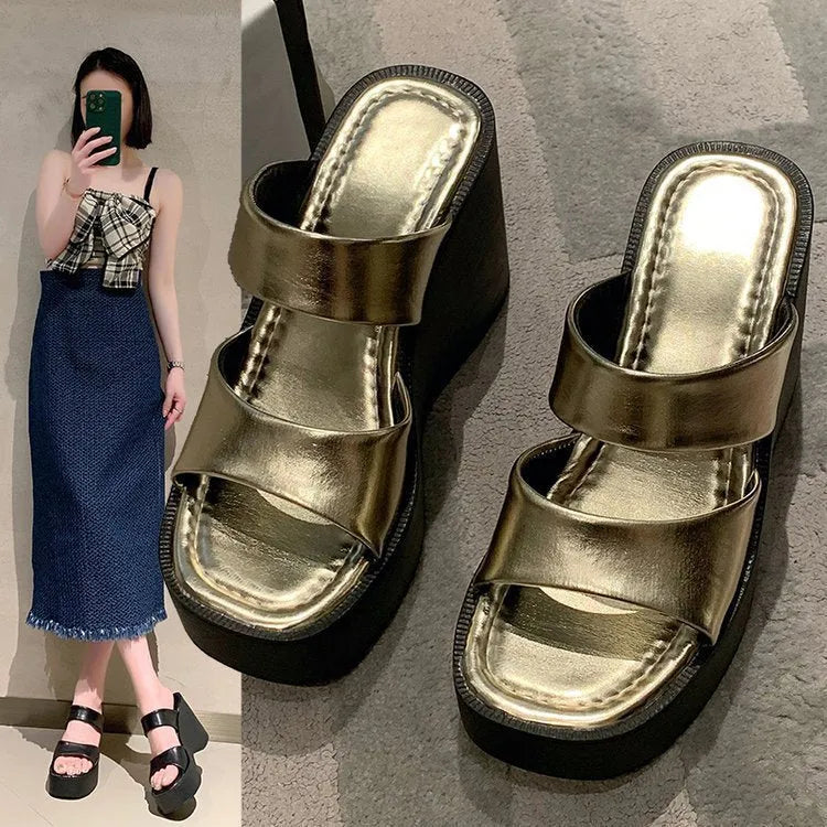 Women's black wedge platform slippers with square toe and high heel design