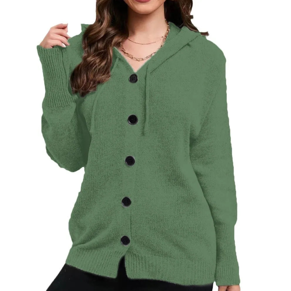 Women's loose-fit hooded cardigan sweater in a solid colour with a 3D textured pattern.