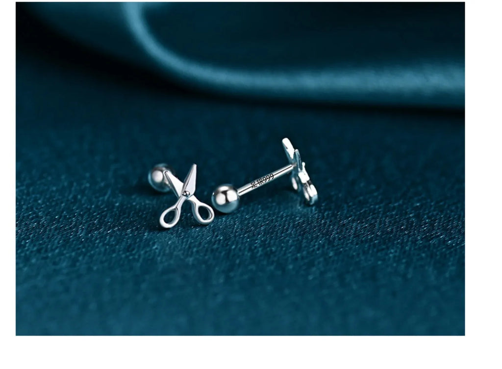S999 pure silver screw-style ear nails with miniature scissors detailing for women