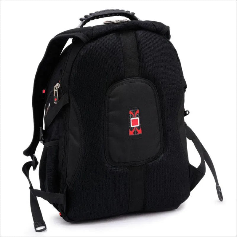 Black business computer backpack showing three compartments and internal organisers for 12-15 inch laptops