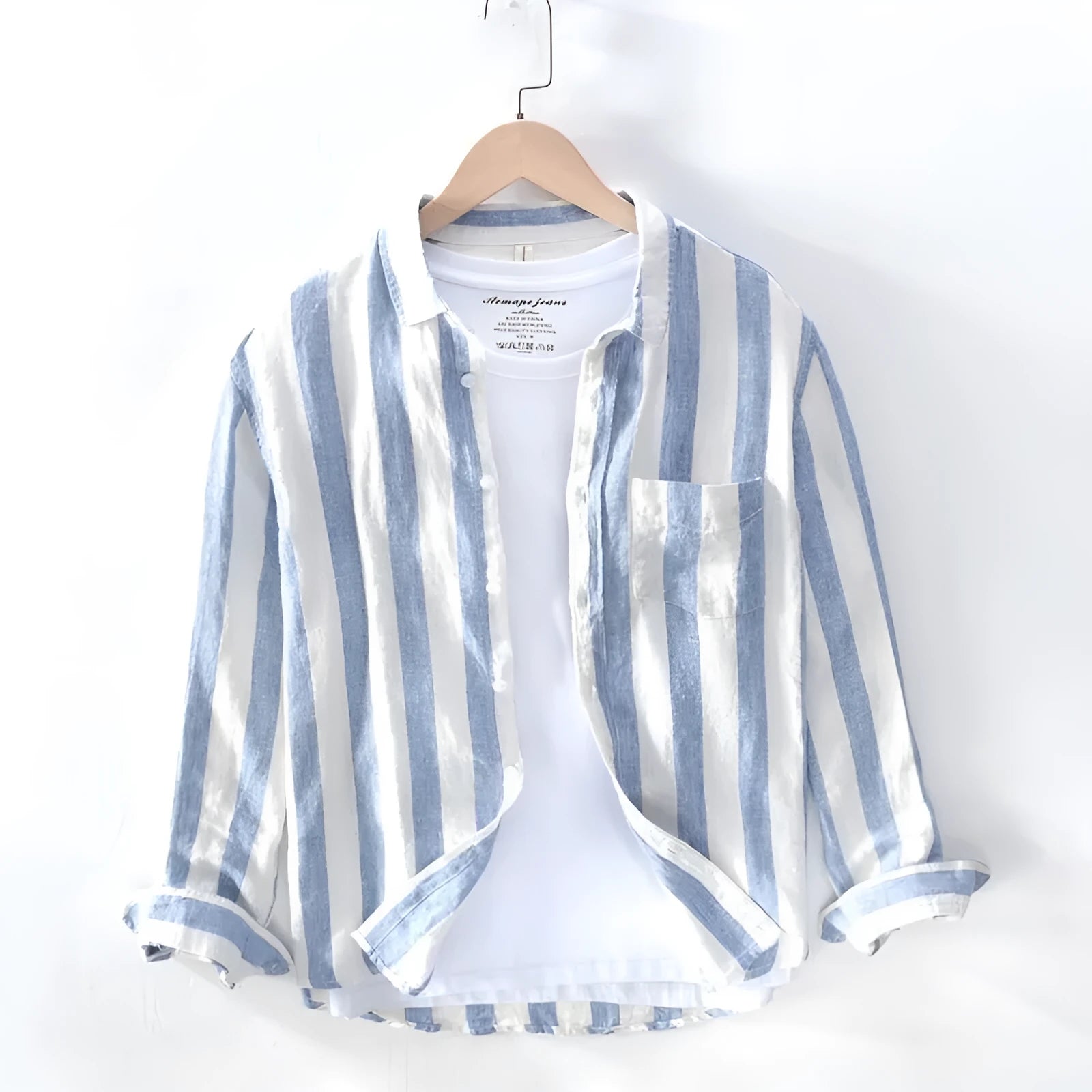 Men's Hong Kong style thin long sleeve shirt in blue with loose fit plus size design