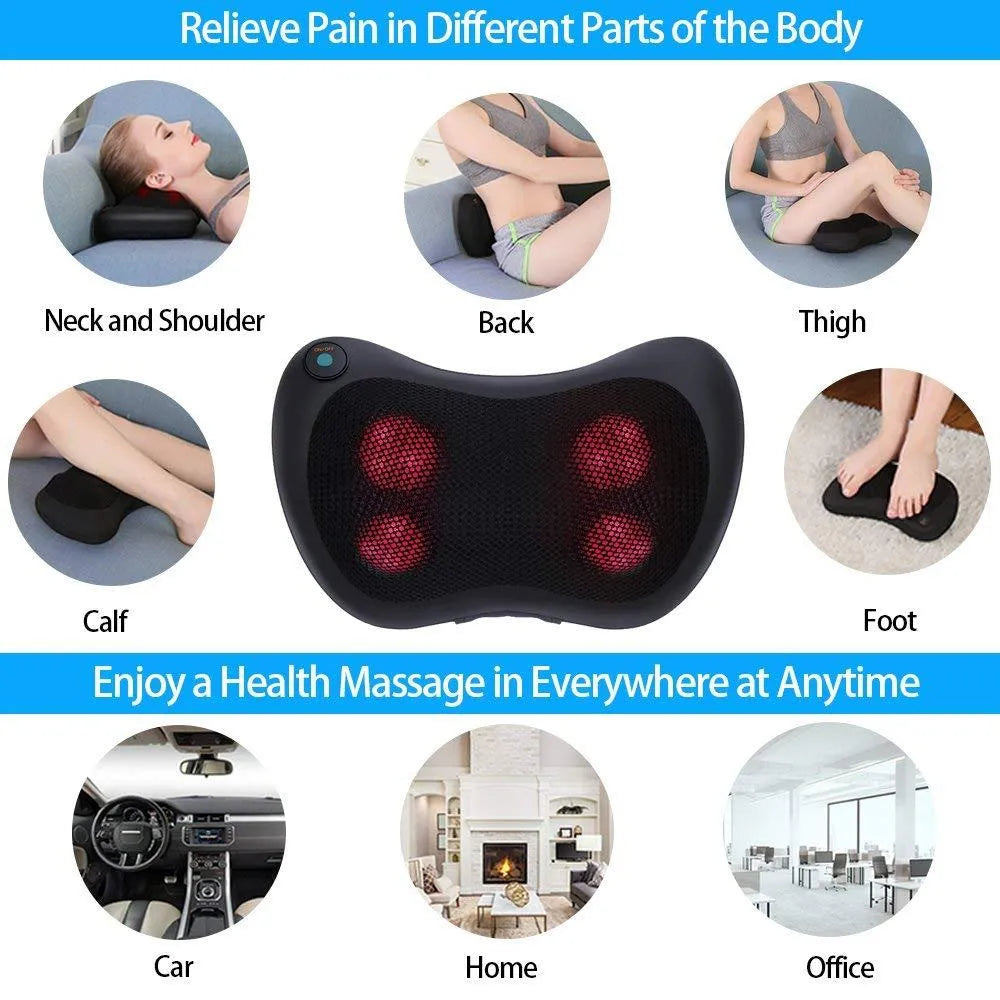 Black cervical vertebra massager cushion with 4 massage heads and infrared heat for car and home use