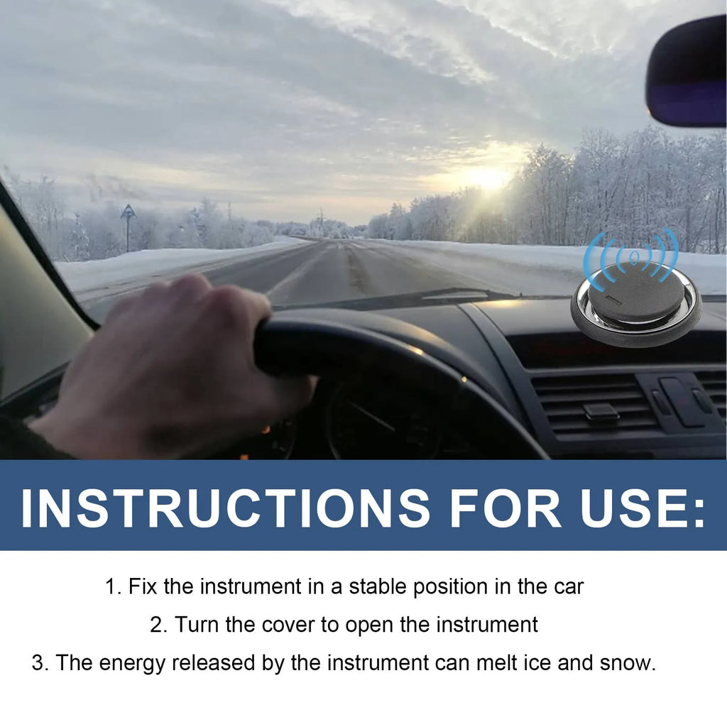 Compact black portable car deicing instrument for melting ice and snow on windscreens.