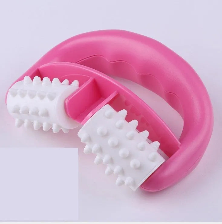 Handheld anti-cellulite massager roller with TPE dot wheels in blue colour on white background