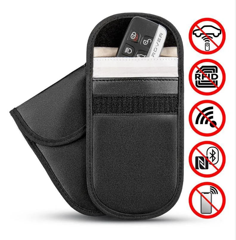 Black microfiber Faraday cage bag measuring 13.5x9.5 cm for blocking car key and RFID signals