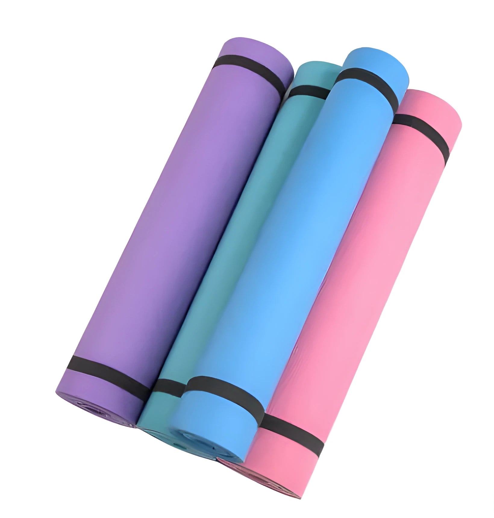 EVA yoga mat in blue showing thickness options of 4mm and 6mm for fitness exercises