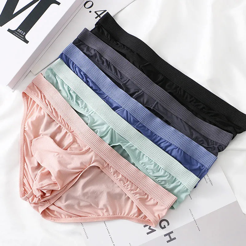 Men's low waist ice silk briefs in black, shown flat to display the classic briefs cut and elasticated waistband.