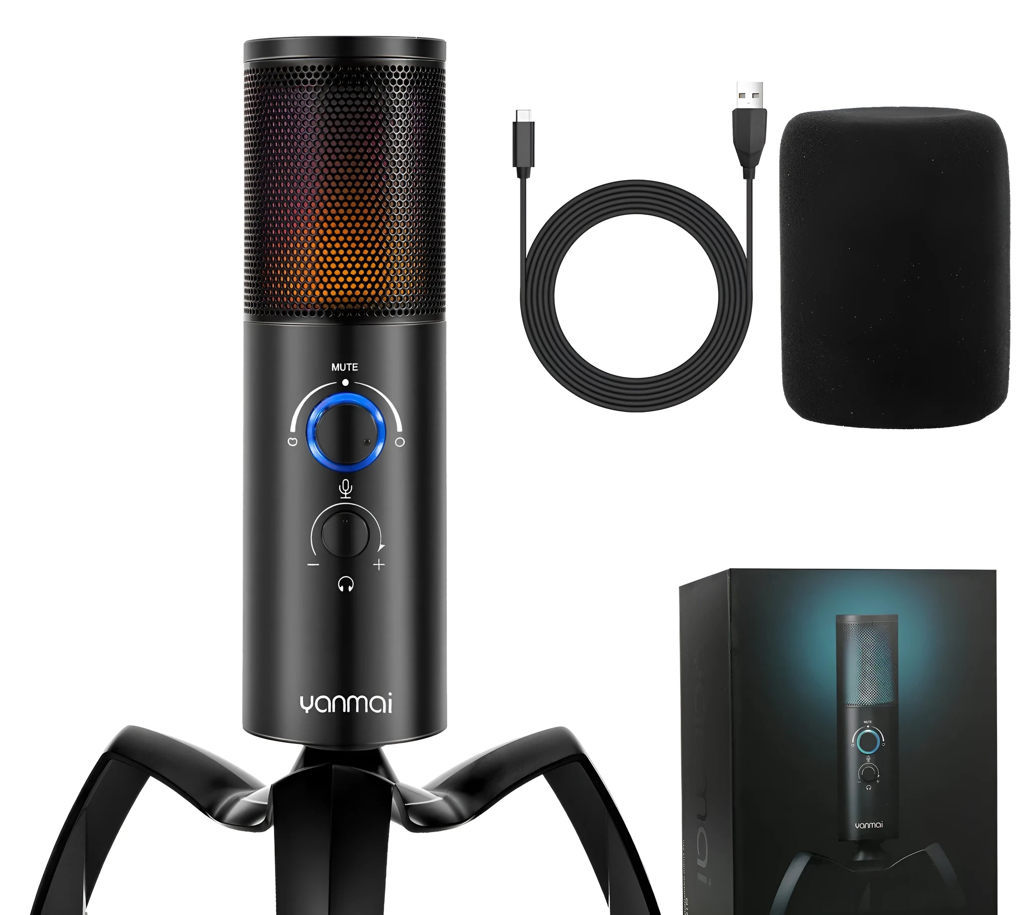 Black Q18 bidirectional USB condenser microphone with RGB lighting on rotating tripod stand