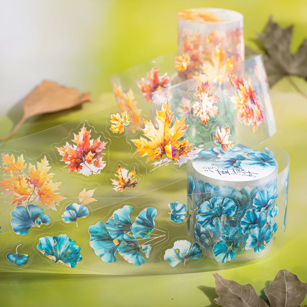 Deciduous Poetry series PET decorative sticker roll showing 40mm width and autumn leaf colour designs.