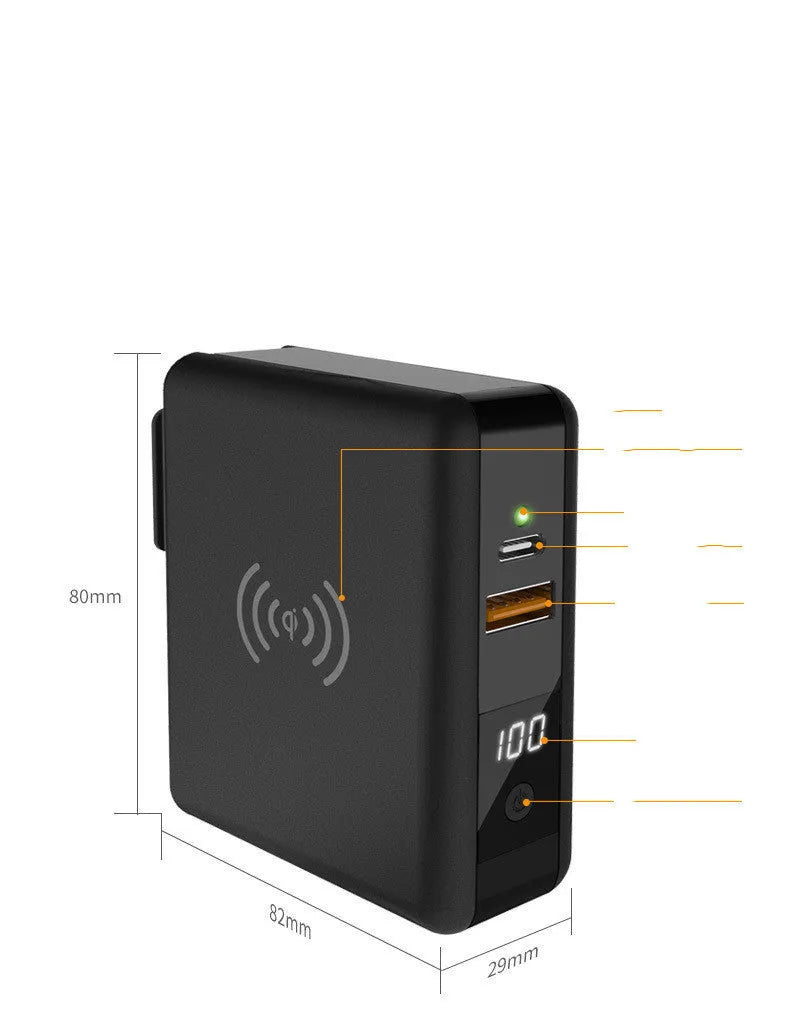 PD20W fast power bank with Super QI wireless charging and 4-in-1 international plug adapter in black colour